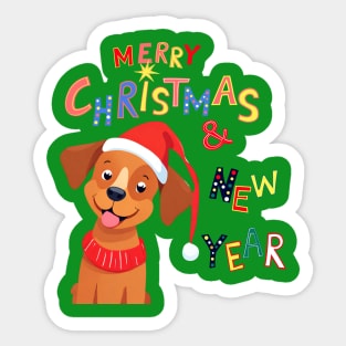 Cute Brown dog Merry Christmas and New Year ,Brafdesign Sticker